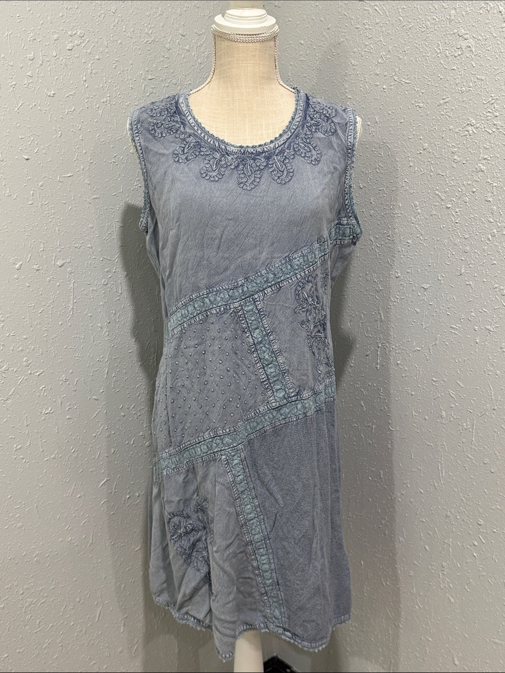 Vintage Light Blue Embroidered Patchwork Mini Dress Size XL Cottagecore